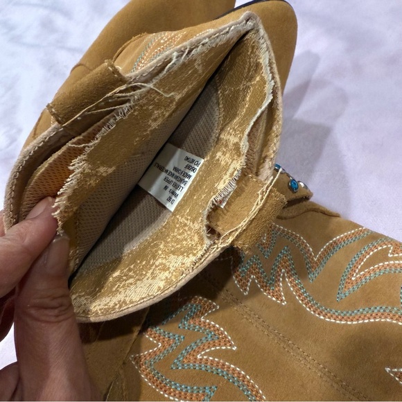 Dingo Tan Suede Heeled Boots with Blue Accents - Picture 6 of 11